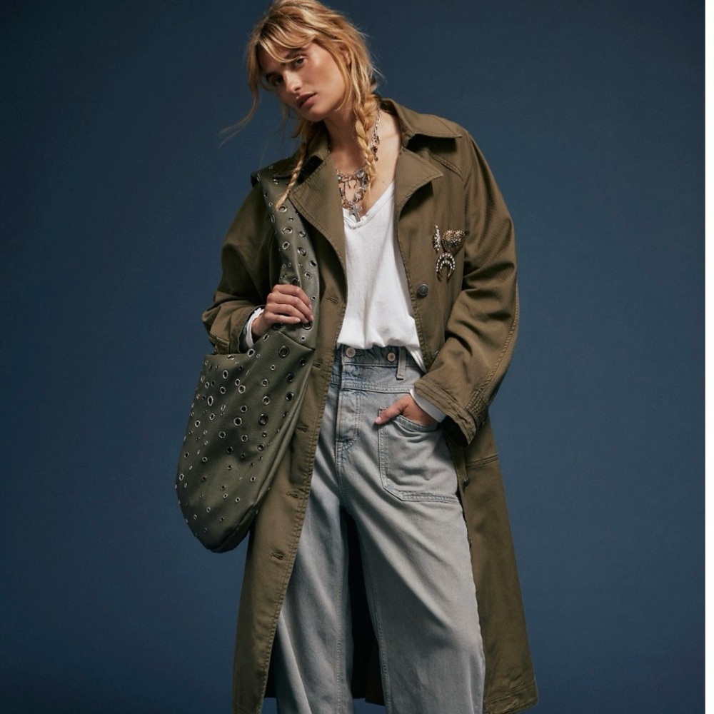 Free People Green Trench Coat with Wide Lapel Collar